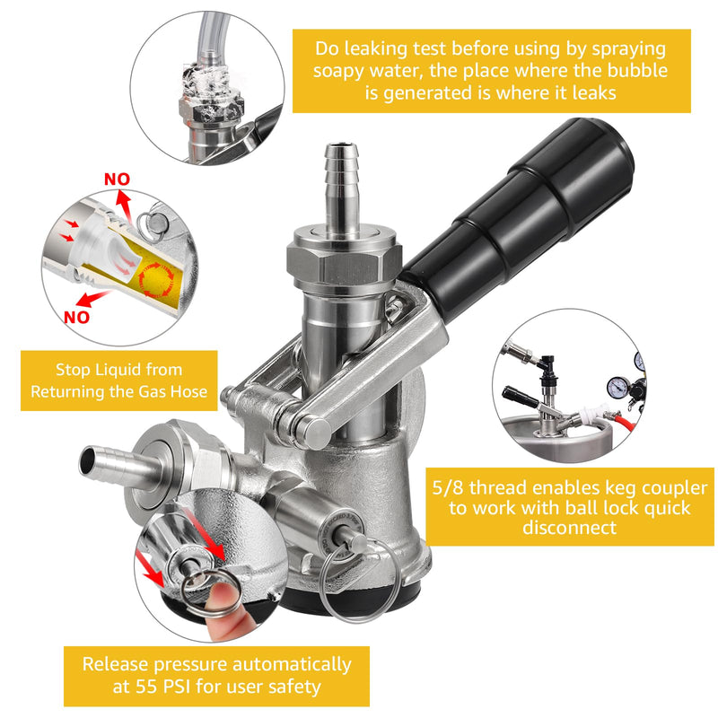 Keg Coupler, Sankey D System Keg Tap 304 Stainless Steel Probe, Beer Coupler Kegerator Parts D Coupler Beer Tap Dispenser for I.D 5/16'' Beer Line Gas Tubing with Hose Clamp
