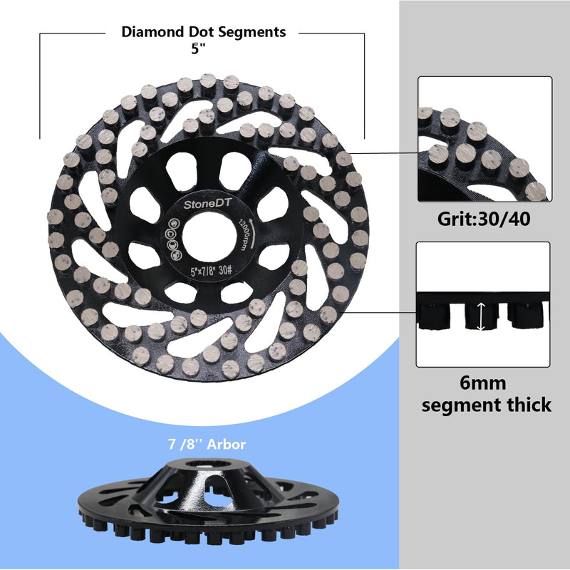Diamond Grinding Wheel, 5 Inch Concrete Grinding Wheel for Concrete Surface, Epoxy, Paint Thin Coating Removal, Fit 7/8’’ Arbor for Angle Grinder, Dot Segments 30/40 Grit 30.0 Coarse 5''