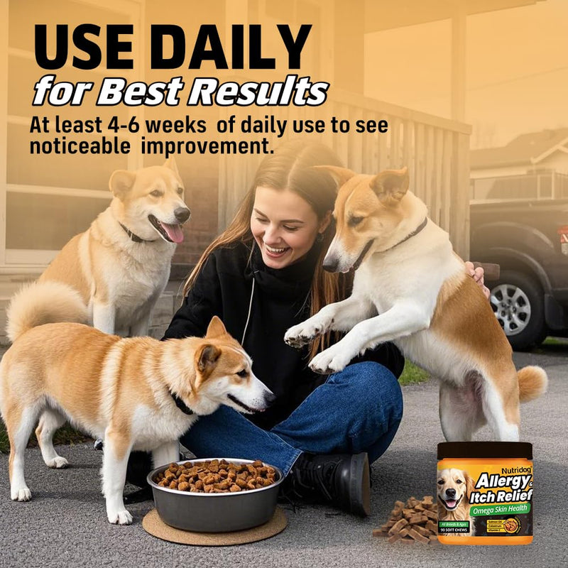 Allergy Chews for Dogs - Dog Itching Skin Relief & Seasonal Allergy Support with Chamomile - Salmon Oil, Quercetin - Probiotic Anti-Itch Supplement for Dogs - Chicken Flavor - 90 Count