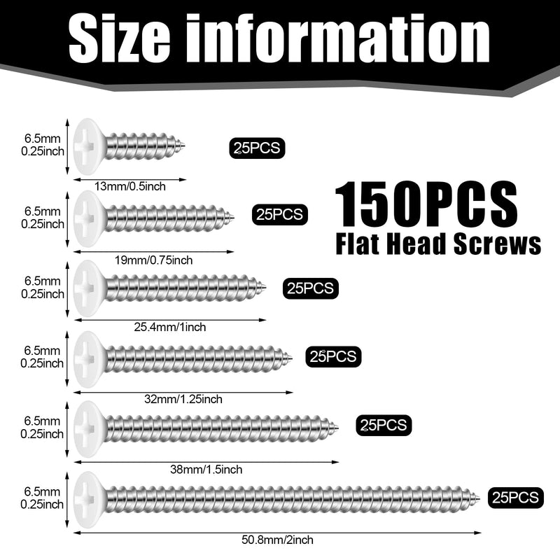 150PCS White Head Screws #6 White Screws 2”,1-1/2”,1-1/4”,1”,3/4”,1/2” Size White Wood Screws Assortment Kit for Shutters,Book Shelf,Wall Plate,Shiplap,Blank Plates Silver