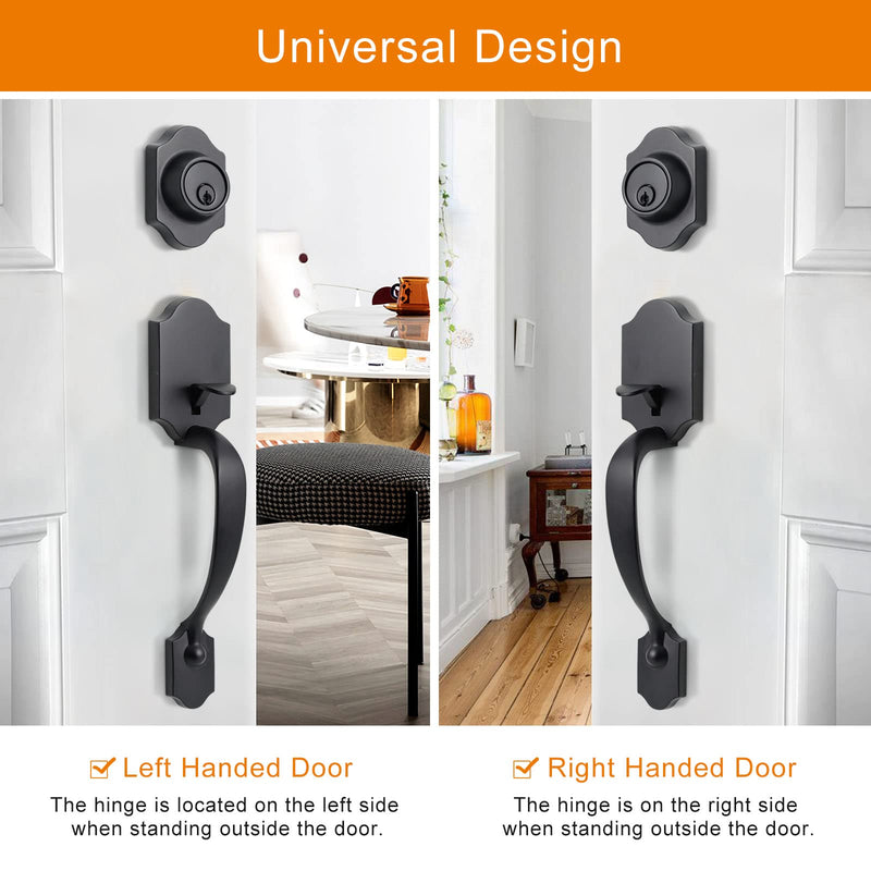 Natsukage Front Door Handle and Lock Set - Matte Black Entrance Handle With Deadbolt and Knob - Heavy-Duty Adjustable Entry Lock - Reversible for Right & Left Handed Traditional (Arc shape+Knob Handle)