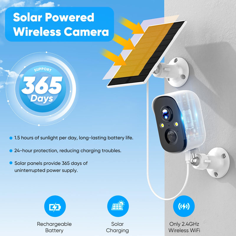 Security Cameras Wireless Outdoor, 2K Battery Powered Color Night Vision Camera, PIR Motion Detection, IP66 Waterproof, Cloud Storage/Mic-SD, Instant Alert, 2.4GHz WiFi, Solar Camera for Home White pack of 1
