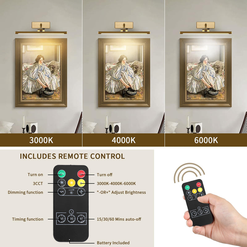 Battery Operated Picture Light with Remote and Timer, 15.94in Wireless Gallery Lights Brass 3CCT Rechargeable Art Lights for Paintings, Dimmable Wall Lights for Picture Display