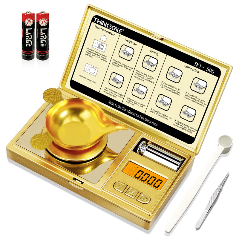 THINKSCALE 50g/0.001g Digital Milligram Scale, Gold Mg Scale with 50g Calibration Weight, Powder Scale for Reloading, Micro Gram Scale, Miligram Scale for Powder Medicine