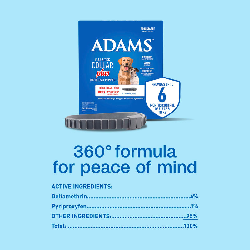 ADAMS Flea & Tick Collar Plus for Dogs & Puppies, 12 Months Protection Against Flea Infestations, Kills Fleas & Ticks, Repels Mosquitoes for Up to 6 Months (Excl. California), One Size Fits All, 1 ct 1 Pack