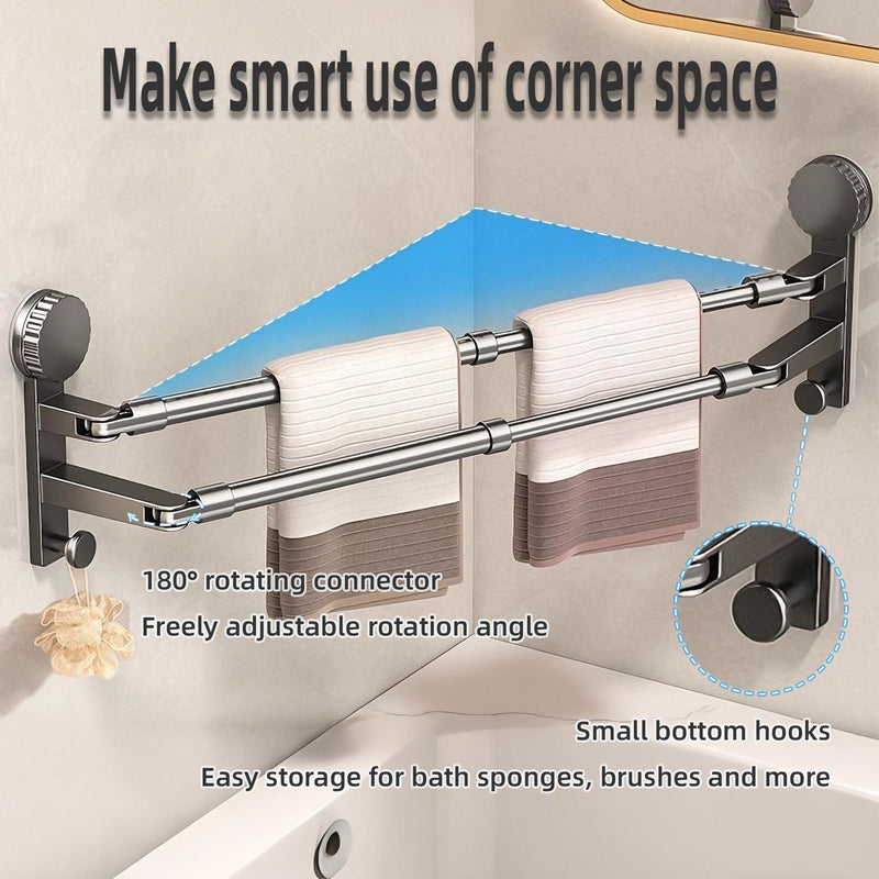 Adjustable Suction Cup Towel Rack for Corner & Right Angle Spaces, No Drilling Bathroom Towel Bar with Vacuum Suction, Rustproof Stainless Steel (Two Adjustable rods（13.8-23.2inches）) Two adjustable rods（13.8-23.2inches）