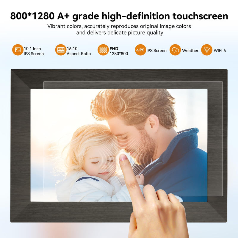 10.1 Inch Smart Digital Picture Frame with Wi-Fi 6, 32GB Storage, IPS Touch Screen, Auto-Rotation, Music Sync, Weather & Clock - Ideal Gift for Families 10" Black