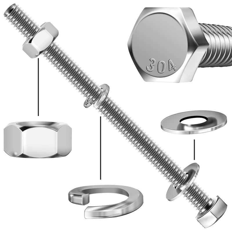 (10 Sets) 1/4-20x4 Hex Head Assorted Screws Nuts and Bolts with Flat & Lock Washers, 304 Stainless Steel 18-8, Fully Threaded, 1/4 Bolt Metric Bolt Assortment 4" (Silver) 1/4-20" 10