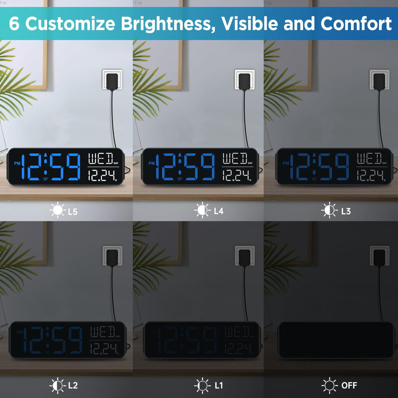 Peakeep Large Display Digital Alarm Clock for Bedrooms, Date Day of Week Calendar Desk Table Clocks for Living Room Office, Dimmable Plug in Electric Clock, 5 Volumes, Loud, Auto DST Blue and White