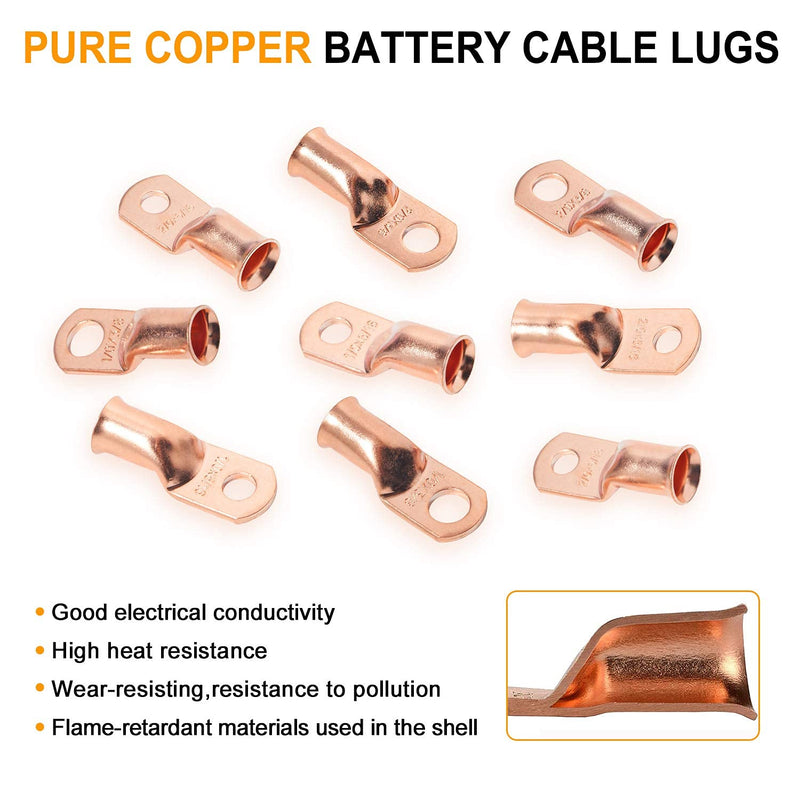 SVAAR 20pcs Battery Cable Ends Kit 1/0 AWG 2/0 AWG Copper Lugs 0 Gauge 00 Gauge Battery Cable Lugs with 3/8" and 5/16" Stud Heavy Duty Wire lugs Ring Terminal Connectors with 3:1 Heat Shrink Tube 00 Gauge 0 Gauge Bare Pure Copper