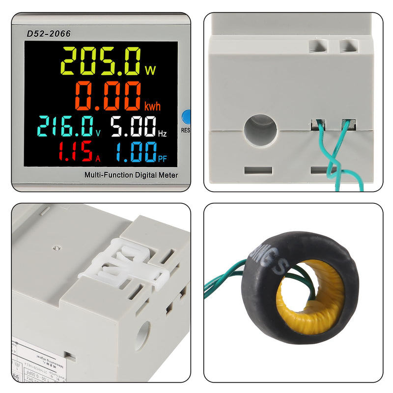 2Pack Single Phase Energy Meter Din Rail Electricity Usage Monitor AC 40-300V 100A Voltmeter Ammeter Watt Kwh Frequency Power Meter External CT 110V