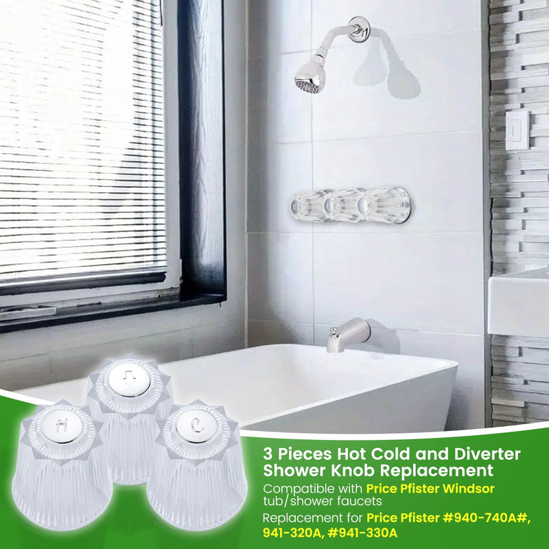 Shower Knobs 3 Piece Replacement Compatible with Price Pfister Windsor Tub and Shower Faucets, Shower Faucet Handle Replacement, 3 Pieces Hot Cold and Diverter Shower Handles Replacement,Clear Acrylic