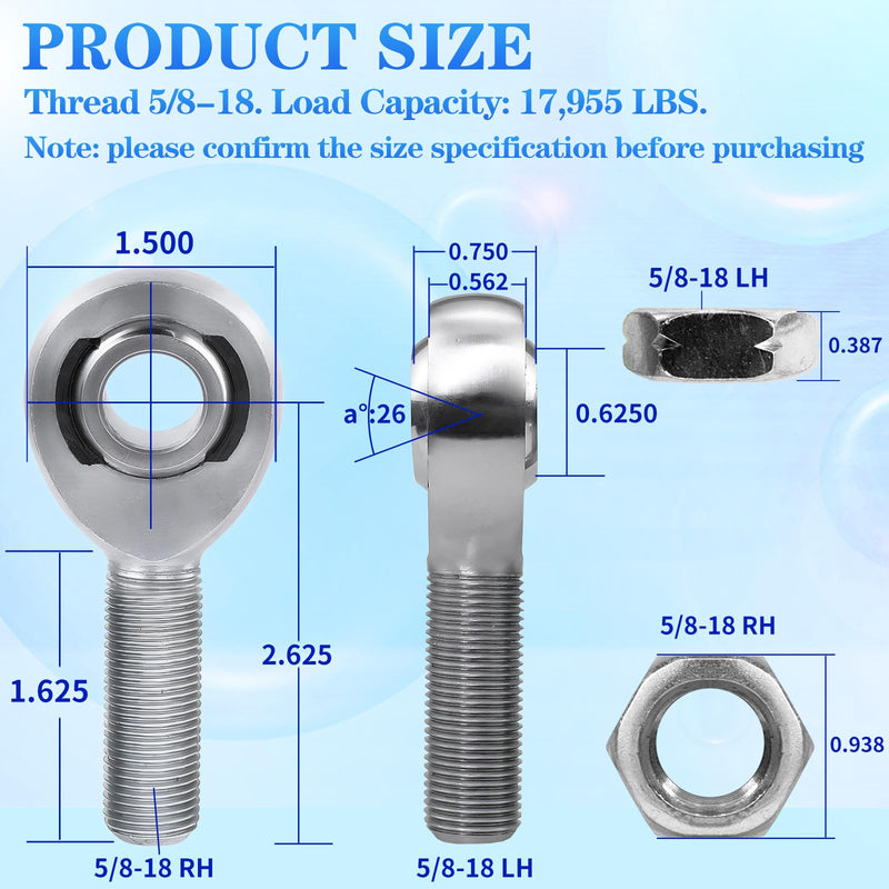 5/8"-18 Rod End Bearing Heim Joints, XMR10 Chromoly Rod End Heim Joint Steering Shaft Support, Spherical Rod End,5/8-18 LH and RH Hand Male Thread Heim Joint with Jam Nuts -2Pk 5/8"-18-2Pk