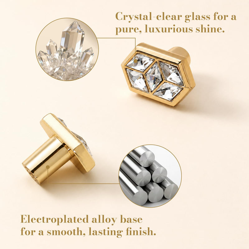 POZEAN Gold Diamond-Shaped Crystal Cabinet Knobs 4 Pack, Decorative Drawer Knobs with Metal Base Gold Diamond-Shaped Decorative for Kitchen Cabinets, Bathroom Vanity, Wardrobe, Closet and Drawers