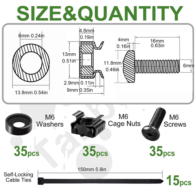 35PACK M6 x 16mm Rack Mount Cage Nuts, Screws, Washers and Self-Locking Cable Ties, Black Server Rack Screws and Square Insert Nuts for Rack Mount Server Cabinet, Shelves, Enclosures, Routers