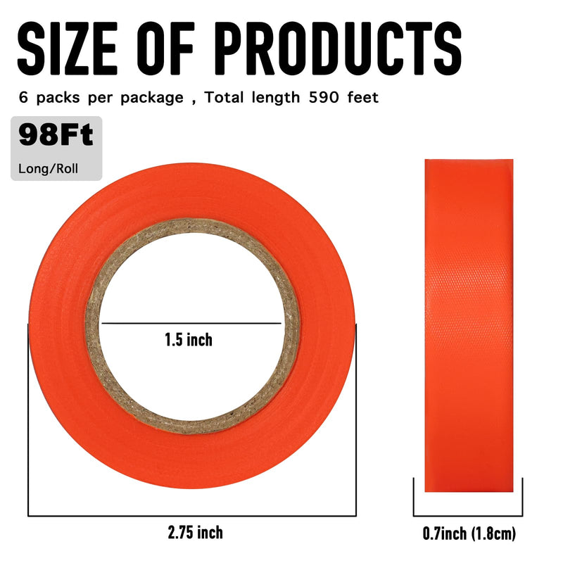 GEYYANG Fluorescent Orange Flagging Tape 6 Pack,Non-Adhesive Plastic Ribbon Neon Marking Tape for Survey Boundaries, Trees and Home Workplace,Caution Tape,0.7" x 98ft,3.35 Mil Thick 0.7in X 98ft