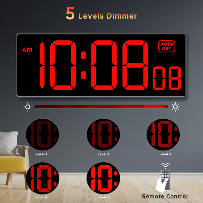 Soobest Digital Wall Clock with Seconds for Gym, Remote Countdown Timer Large LED Display 5 Dimmer Red