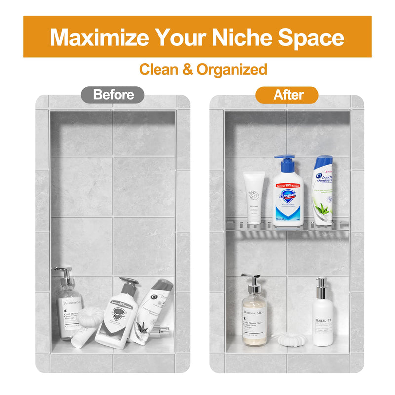 Neodrain Brushed Shower Niche Shelf, Fits 12 Inch Prefab Niches | 3mm Thick, Sturdy & Rustproof 304 Stainless Steel, Compatible with 1/8" Grout Lines, Fast Drainage,Tool-Free Drop-in, 1 Pack