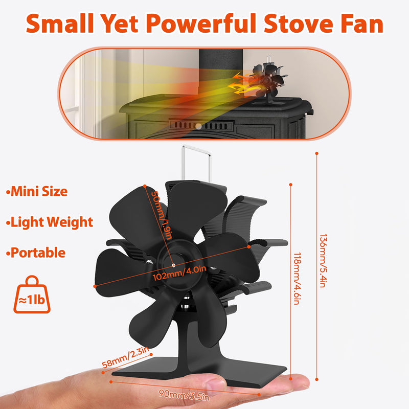 Wood Stove Fan Heat Powered, Small Fireplace Fan for Log Wood Burning Stove 6 Blades Small Fan