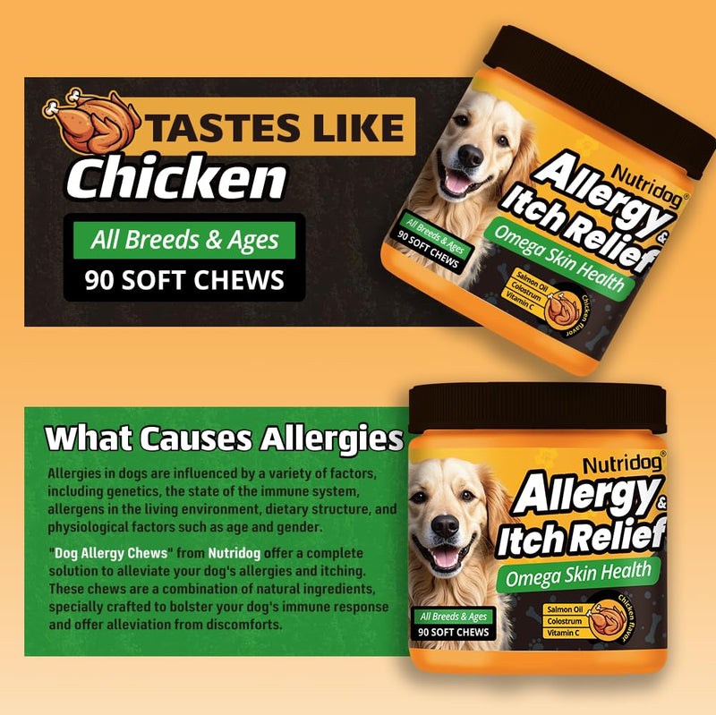 Allergy Chews for Dogs - Dog Itching Skin Relief & Seasonal Allergy Support with Chamomile - Salmon Oil, Quercetin - Probiotic Anti-Itch Supplement for Dogs - Chicken Flavor - 90 Count