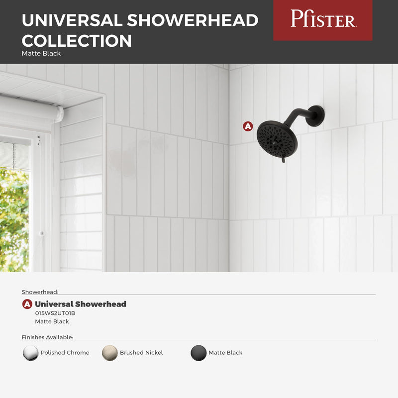 Pfister Universal Shower Head, Shower Arm Not Included, 5-Function, 1.75 GPM, Matte Black Finish, 015WS2UT01B Without QuickConnect