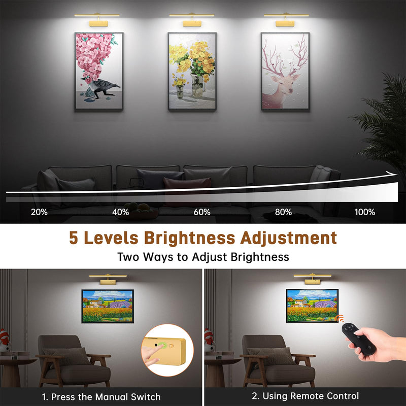 Picture Light, 15.35inch Wireless Rechargeable 5400mAh Battery Wall Light for Paintings, Picture Lights with Remote, 3 Color Modes and Dimmable Lights for Display, Gallery, Artwork(Gold) Gold