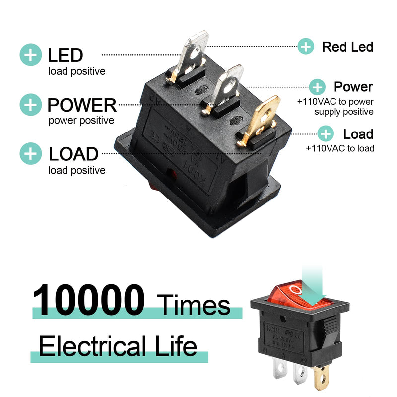 QTEATAK KCD1 SPST On/Off 3-Pin 2-Position Snap DC 12V-24V 20A Red LED Boat Rocker Toggle Switch - 5Pack (Only for DC12-24V)