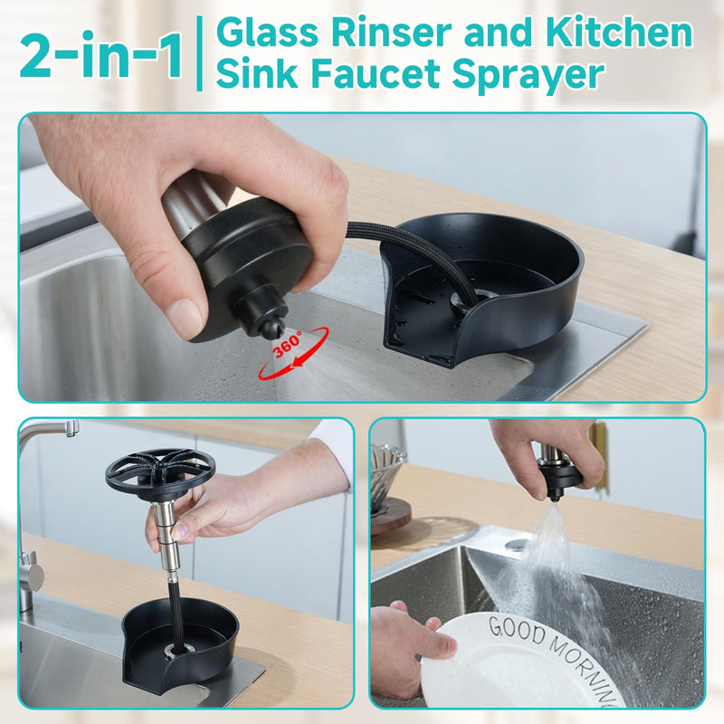 Glass Rinser for Kitchen Sink, Cup Cleaner Sink Attachment, Cup Rinser for Sink High Pressure Cup Washer with Pull-out Spray, Bar Cafe Restaurant Bottle Rinser, 360 Degree Rotating Quick Clean (Black) Black