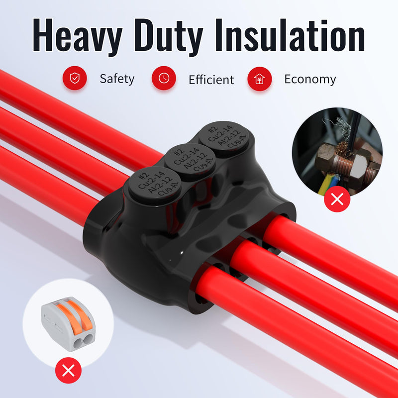 Insulated Multi Tap Connector 3 Port Dual Entry Aluminum Wire Connector 2-14 AWG Black Cable Connectors 5/32" Slotted Allen Hex - 6 Pack Dual Entry 3 Port 2-14 AWG