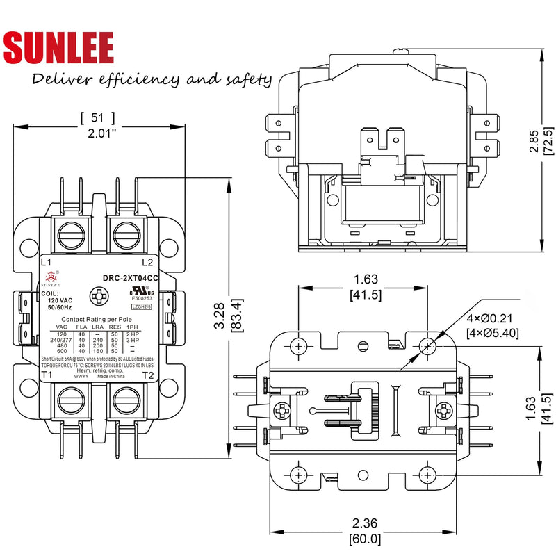 SunLee 2 Pole 40 Amp contactor 120v Coil UL 2 Pole Lighting Load 50 AMP Contactor Equivalent to 42CF15AF for Condenser Compressor HVAC Contactor 2P 40A 120VAC