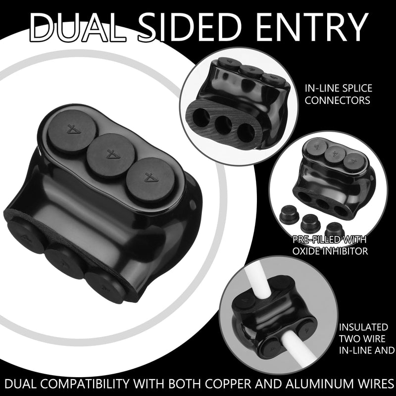 Kanayu 5 Pcs Black Insulated Multi Cable Connector, 3 Ports Electric Wire Connectors and Soldering Lugs, Single Side Entry Cable Splicers, with Oxide Inhibitor (14-4AWG Range,1.57" x 1.26") 14-4AWG Range, 1.57" x 1.26"