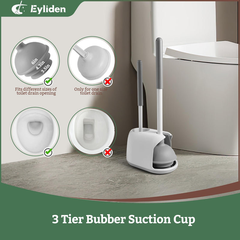 Eyliden Toilet Plunger and Brush Set, Upgrade 3-Step Suction Cup Toilet Plunger and Bowl Brush Set with Holder, Toilet Plunger Brushes Combo with Caddy (1 Pack, White & Grey) 1 Pack
