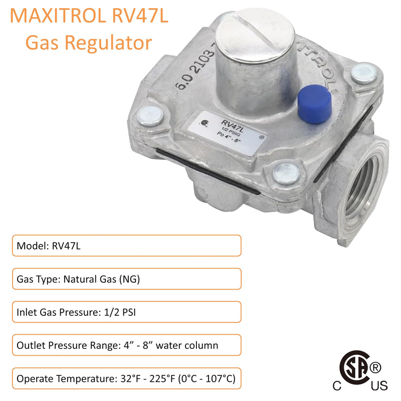Maxitrol RV47L Natural Gas Pressure Regulator, 1/2" FPT Thread, 13/16" In and Out Opening, 1/2 PSIG In, 4" - 8" WC Out 1/2” Natural Gas (NG)