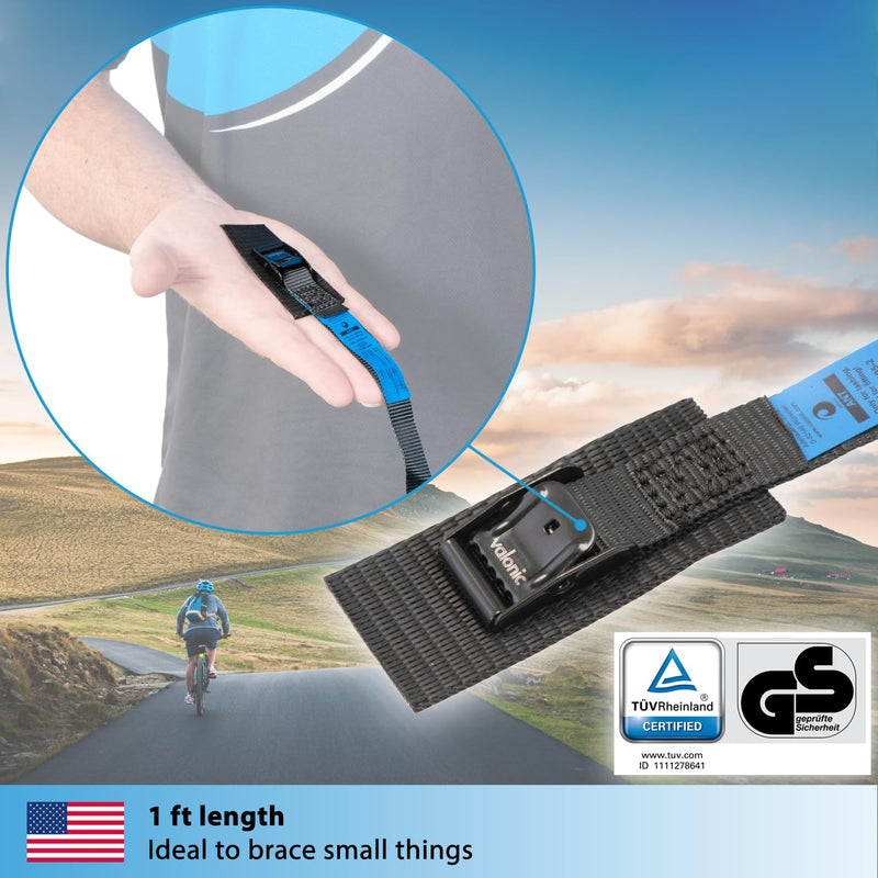 valonic ANT - Short Lashing Strap, Padded, 4 Pieces, 1 ft, 350lbs Breaking Strength, cam Buckle, Black - tie Down Straps for Bike Rack 1.1 FT