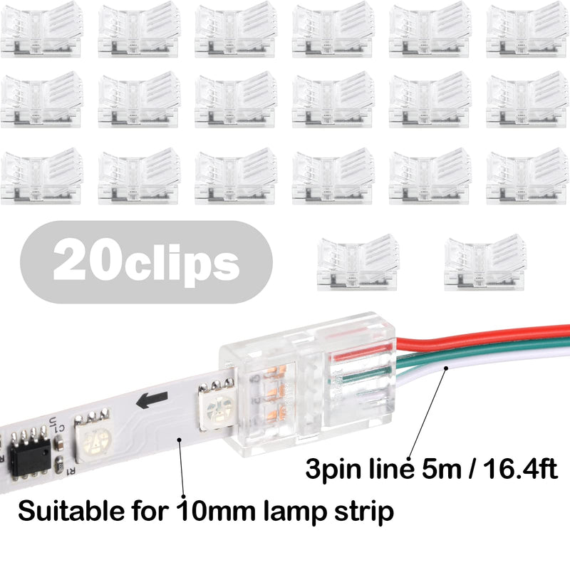 Flutesan 20 Pieces 3 Pin LED Light Connectors Strip to Wire Quick Connector LED Extension 3 Pin Strip Connector 10 mm Terminal Strip Connectors Clear Track Lighting Connectors for 5050 RGB Strip Light