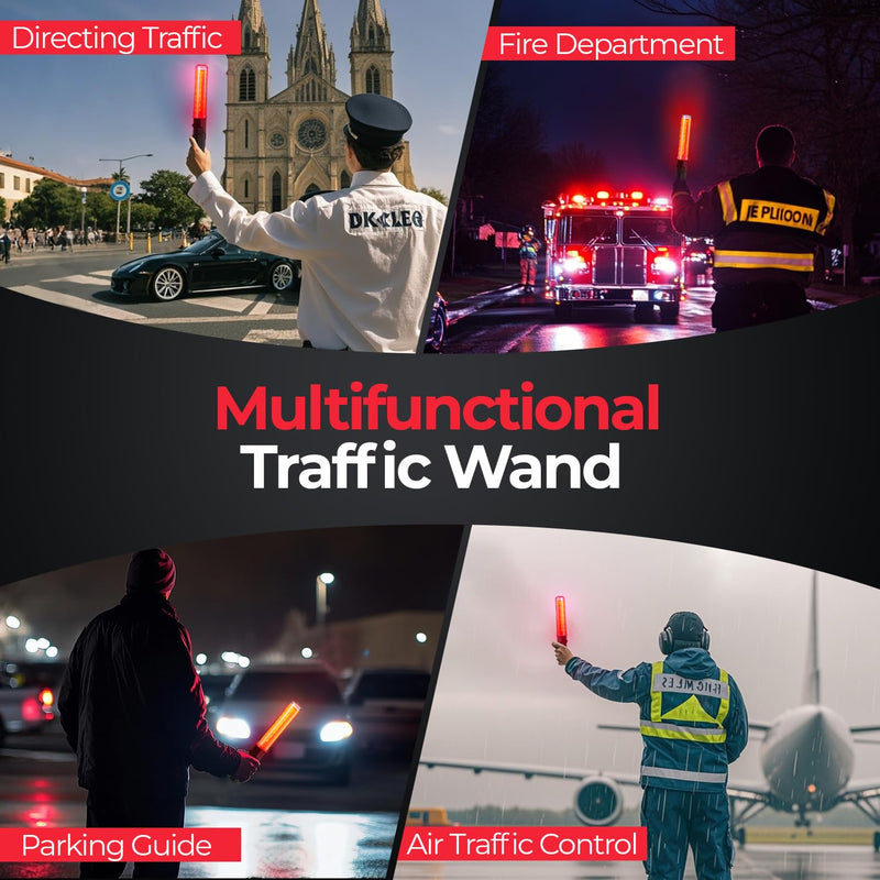 Traffic Wand Rechargeable, 10 Inch Traffic Control Baton Light with 2 Flashing Modes and 1 White LED on Top, Air Marshaling Signal Wand with Side Clip for Airport, Parking, Car Directing, 1 Pack Red