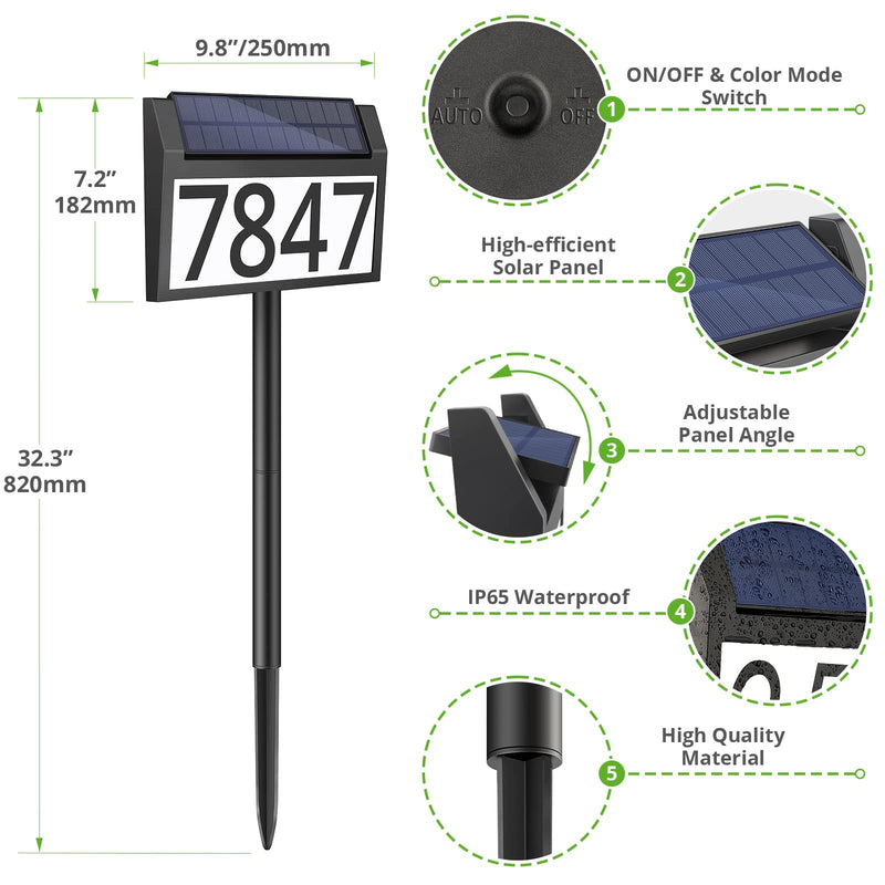 MAXvolador Solar Address Sign Lighted House Numbers Waterproof, Solar Powered LED Illuminated Address Plaques with Stakes, 3-Color in 1 Address Number