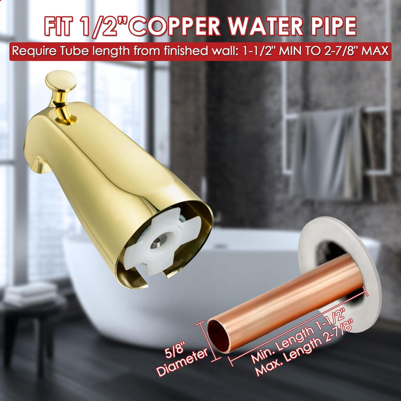 Enhon Tub Spout with Diverter, Slip-Fit Bathtub Faucet Spout Replacement, 1/2 Copper Pipe Connection, Easy to Install, Universal for Bathroom Shower(Polished Brass,1 Pack) Polished Brass