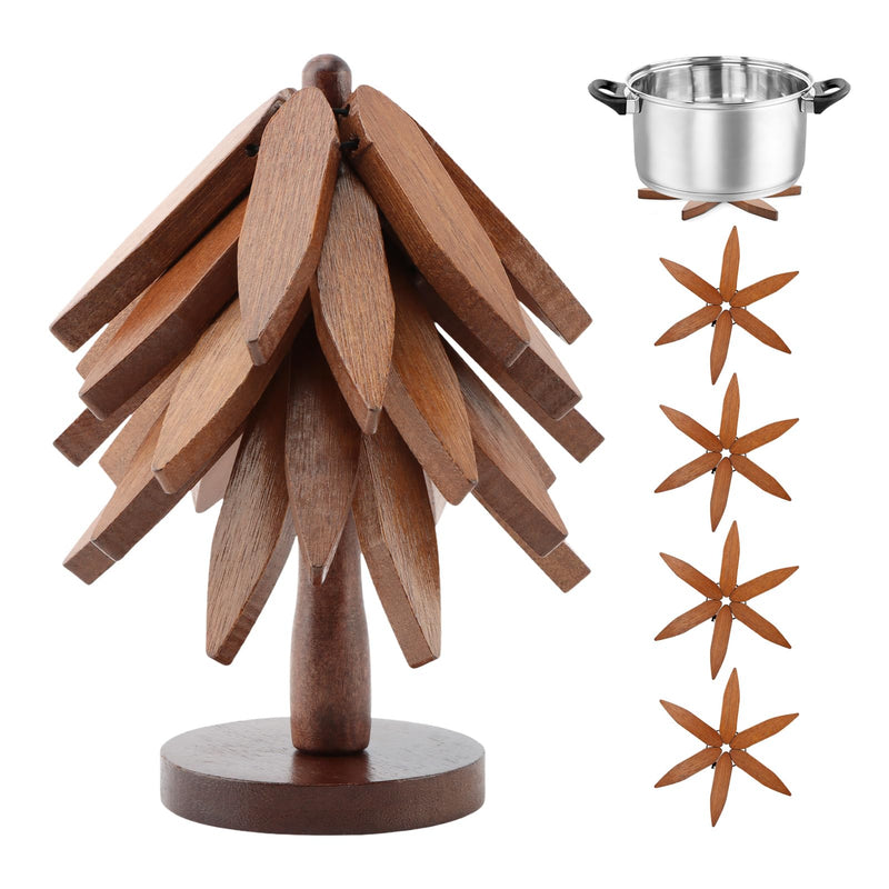 Tree Trivet Set, Wooden Tree Coasters for Hot Dishes, Include 5 Wooden Trivets and 1 Stand, Decorative Wooden Trivet Tree for Kitchen and Dining, Foldable Wooden Tree Coasters for Hot Pots&Teapot