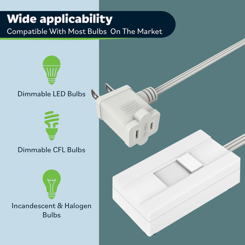 TOPGREENER Table-Top Plug in Dimmer for Table or Floor Lamps, Slide Control, Works with 360 Watt Incandescent/Halogen and 150 Watt Dimmable CFL/LED, Off at Lowest dim, 6ft Cord, TGTTDL300-W, White 1 Pack