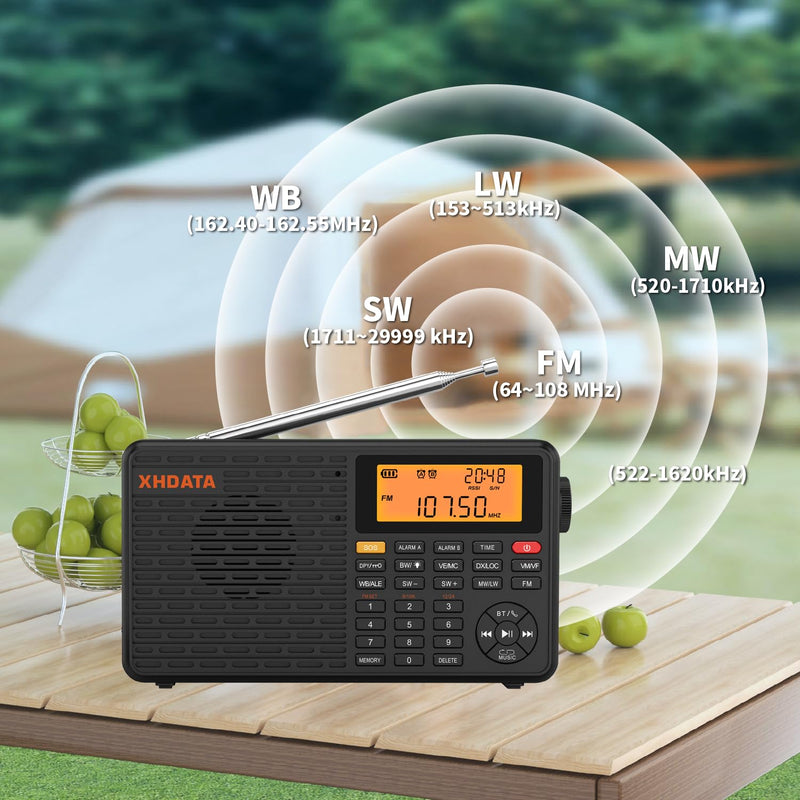 XHDATA D109WB Portable AM/FM/SW/LW/WB Weather Radio Shortwave Radio Receiver with NOAA Alert, Battery Operated Great Sound Wireless BT Mp3 Speaker, SOS Alert Alarm Clock Sleep Function