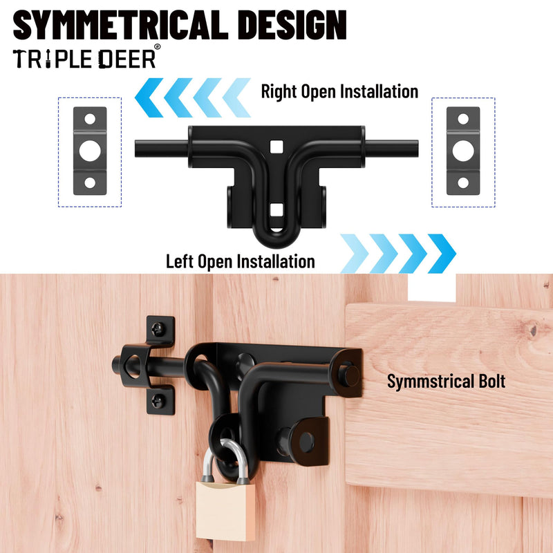 TRIPLE DEER Heavy Duty Sliding Bolt Gate Latch with Padlock Hole & Carriage Bolt, Slide Bolt Hardware for Wooden Fence/Yard Fence/Shed Door/Barn Door, Black, 4 Pack