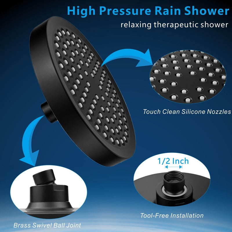 High Pressure Rain Shower Head with 11'' Extension Arm - High Flow Rainfall Showerhead - Luxury Modern Look - Pressure Boosting (Round, Matte Black) 6" Round