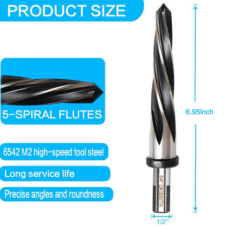 3/4” Bridge Construction Reamer Drill Bit, M2 HSS Taper Chucking Reamer for Steel Alloy Metal Wood Plastic, 1/2" Non-Slip Shank, 5-Spiral Flutes Car Reamer, to Align or Enlarge Holes, 19mm 3/4”