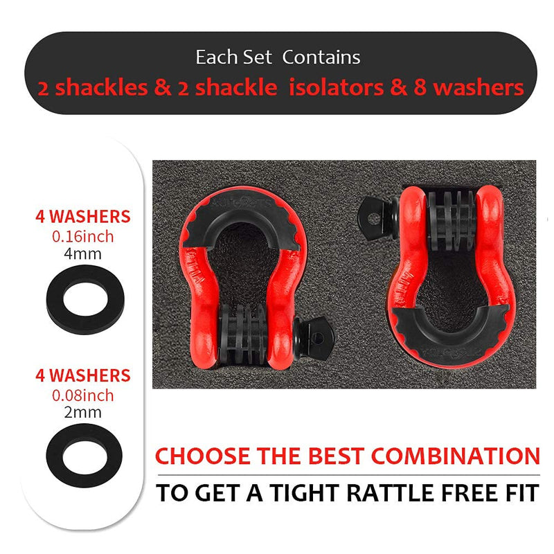 AUTOBOTS Shackles 3/4" (2 Pack), D Ring Shackle 45,000Ib Max Break Strength with 7/8" Pin & Isolator Washers Heavy Duty Clevis Tow Shackle for Tow Strap Jeep Vehicle Off Road Recovery Red-Black