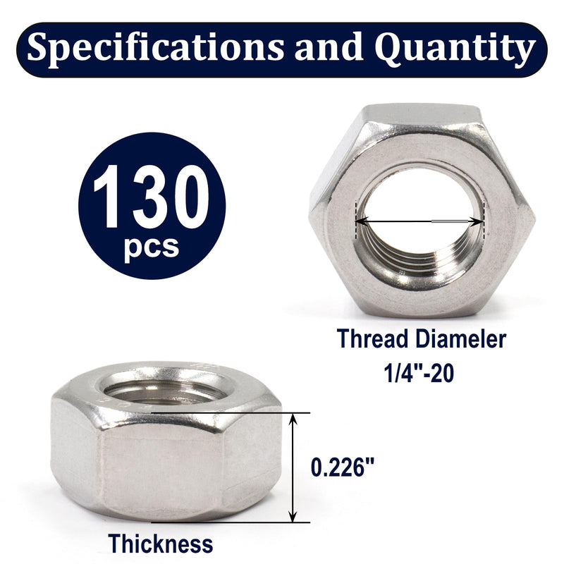 ZQZ 1/4"-20 Hex Nuts,130 Pack 304 (A2-70) Stainless Steel Hardware Nuts,Standard Inch Coarse Thread Nuts 1/4"-20;130 PCS