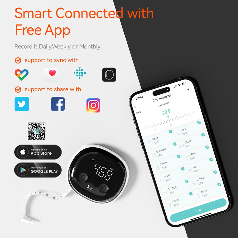 Fitdays Smart Body Tape Measure, Body Measurement Tape Measure, LED HD Full Screen Monitoring Body Fat Tool for Fitness Shaping and Weight Loss Fitdays APP (Black) Black