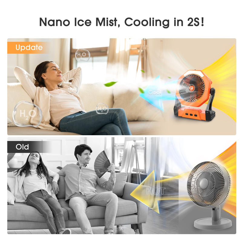 Ausic Portable Misting Camping Fans, [Max 35H Runtime] Outdoor Cooling Fan for Patios, 8 Inch Battery Operated Rechargeable Fans, Water Spray Fan with LED Light, Travel Beach Camp Essential 8-35Hrs Runtime Orange