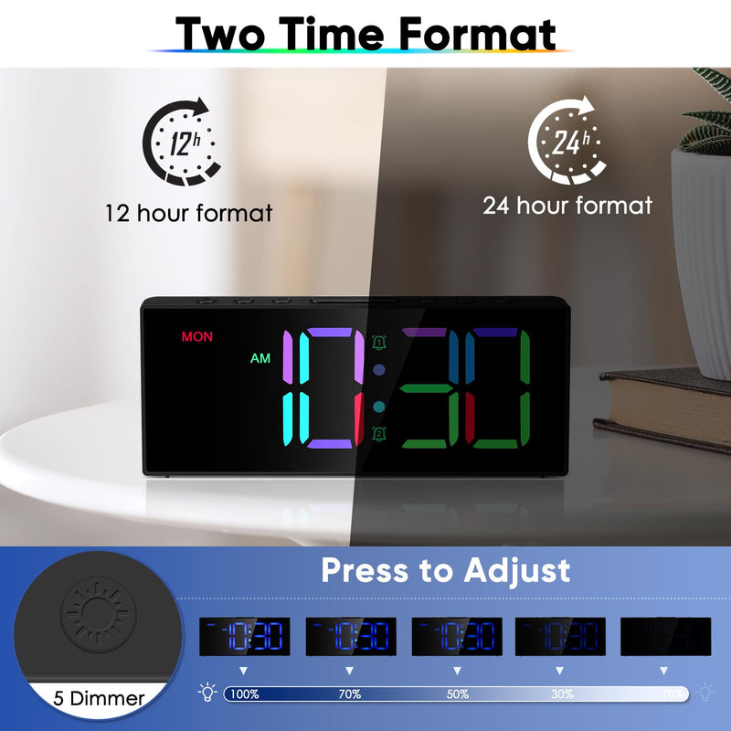 Loud Alarm Clock for Heavy Sleepers, Digital Clocks with Adjustable Volume Brightness,Snooze,Battery Backup, Large Numbers Display RGB Colorful Changing Clock for Bedrooms,Offce Living Rooms