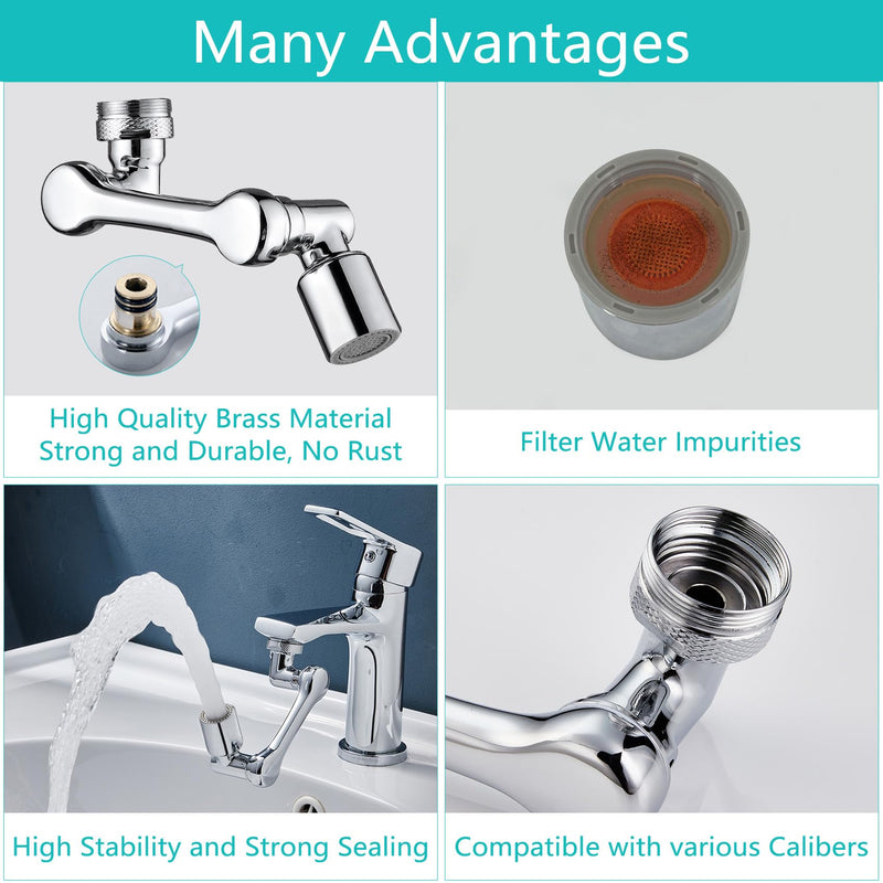 1080°Swivel Faucet Extender, Sink Water Faucet Aerator Extension in Brass, Swivel Robotic Arm Bathroom Faucet Extender, Kitchen Rotating Extension Filter with 2 Mode Splash Silver-1080°